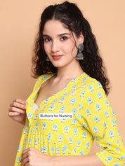 Yellow Floral Cotton Maternity Kurta with Trouser and Dupatta