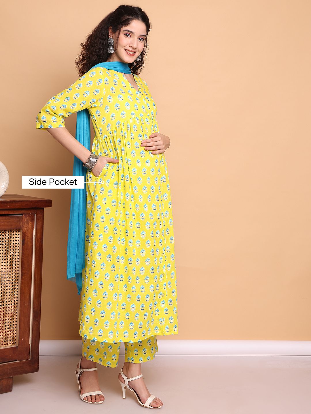Yellow Floral Cotton Maternity Kurta with Trouser and Dupatta