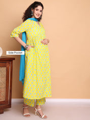 Yellow Floral Cotton Maternity Kurta with Trouser and Dupatta
