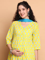 Yellow Floral Cotton Maternity Kurta with Trouser and Dupatta