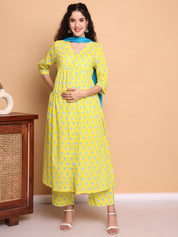 Yellow Floral Cotton Maternity Kurta with Trouser and Dupatta