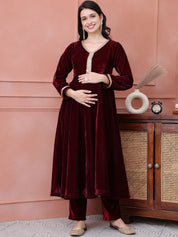 Maroon Solid Velvet Maternity Kurta