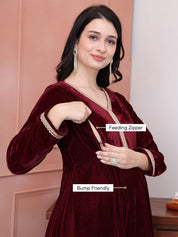 Maroon Solid Velvet Maternity Kurta