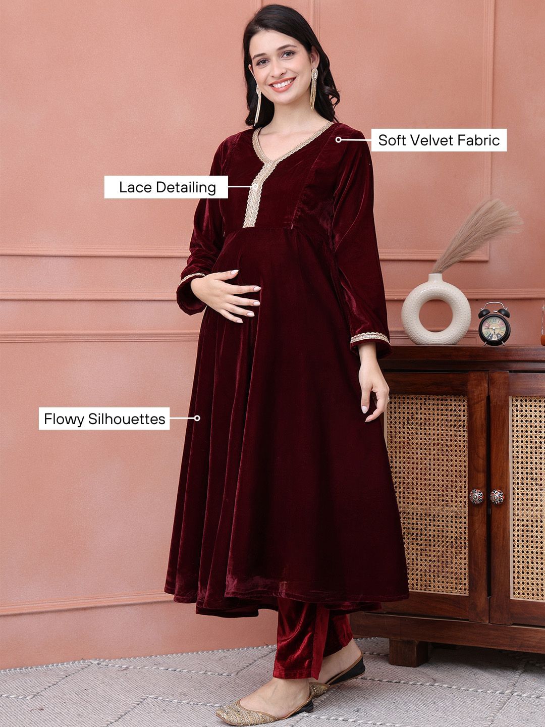 Maroon Solid Velvet Maternity Kurta