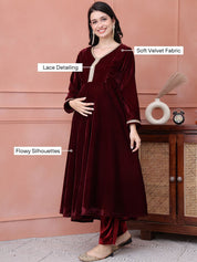 Maroon Solid Velvet Maternity Kurta