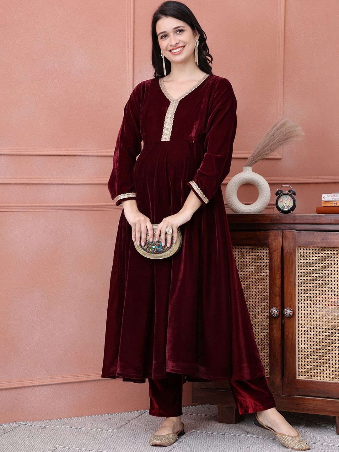 Maroon Solid Velvet Maternity Kurta