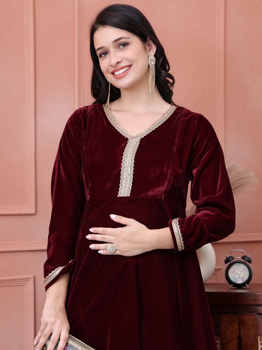 Maroon Solid Velvet Maternity Kurta