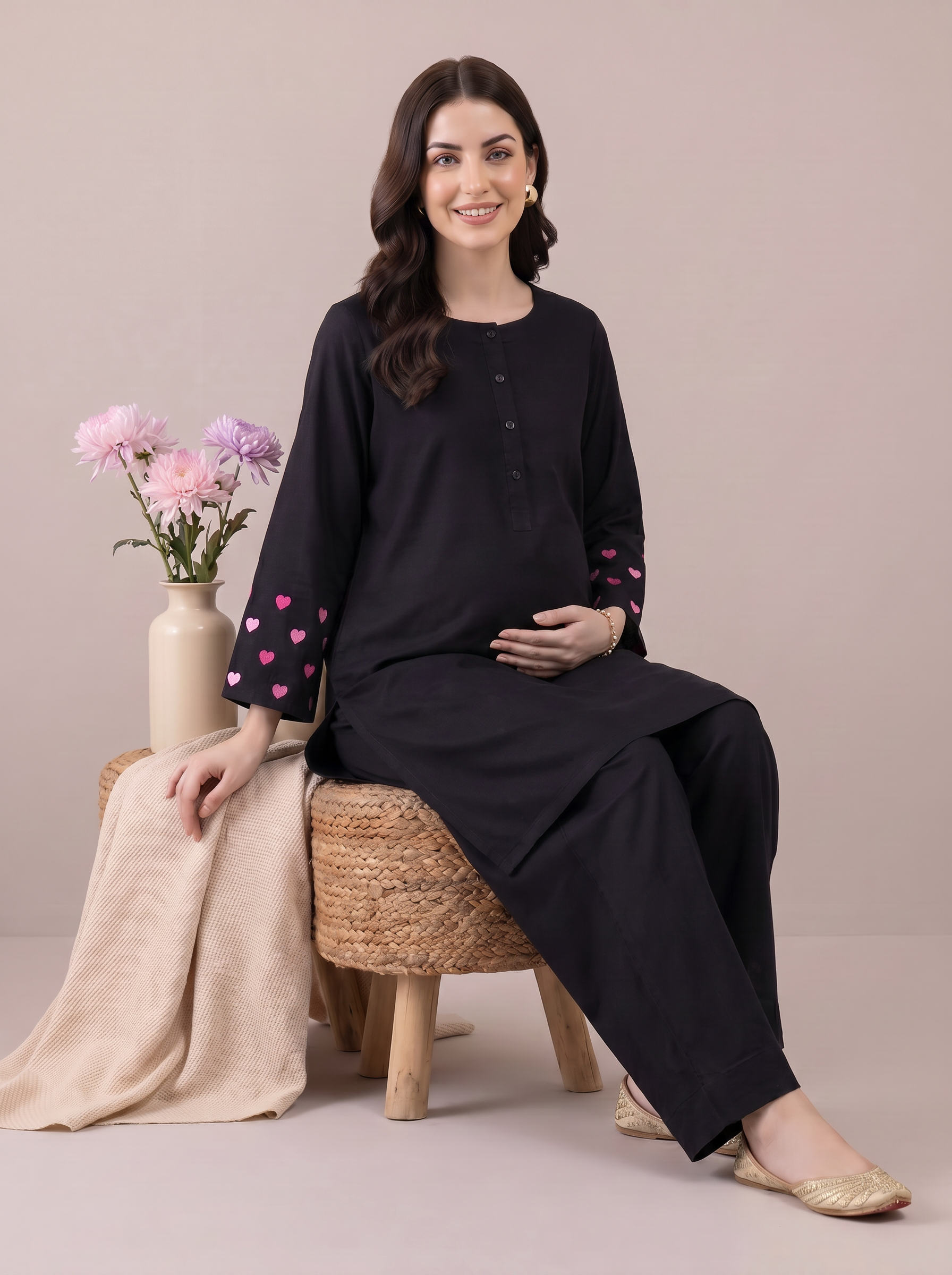 Black Solid Rayon Maternity Farshi Kurta Set
