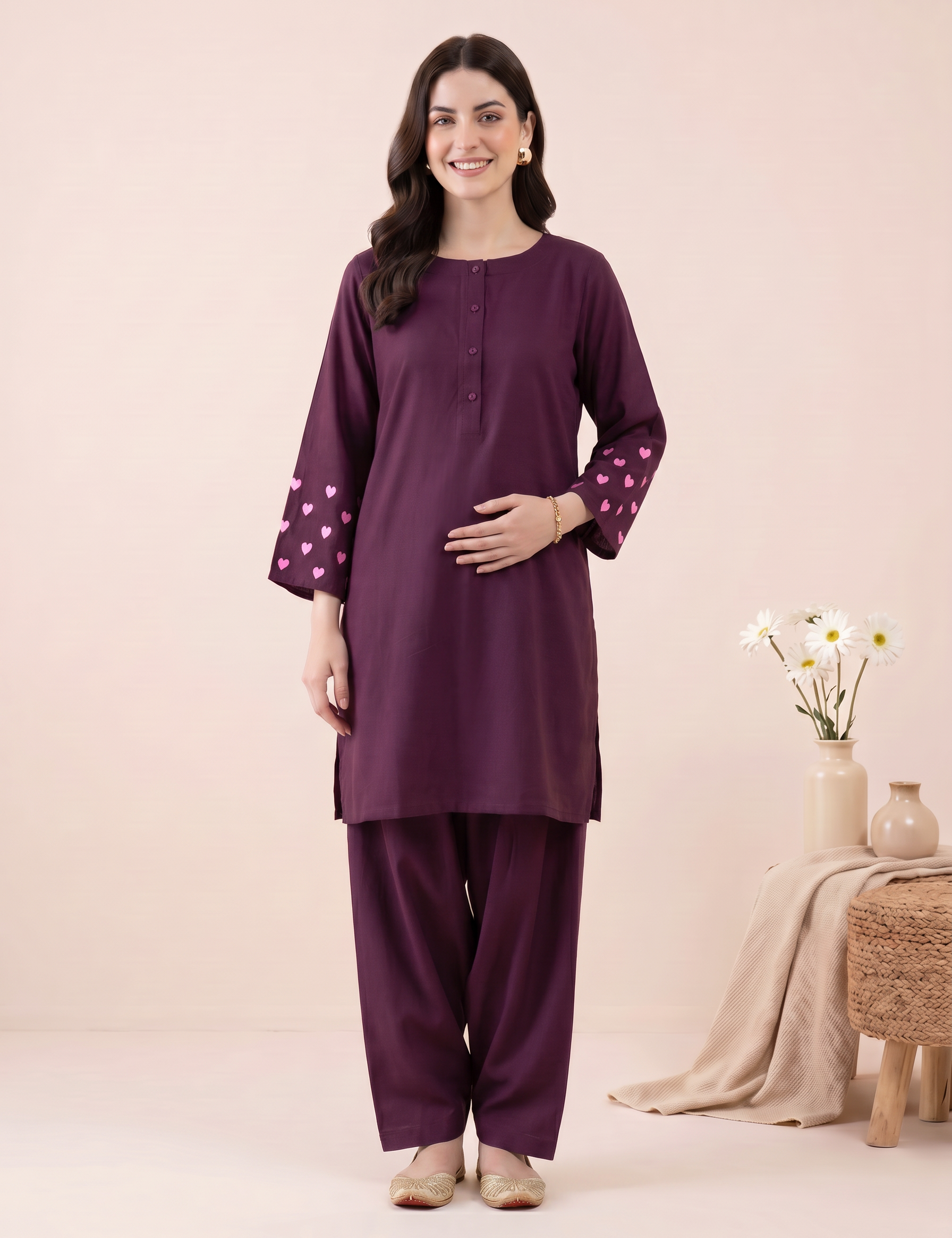 Wine Solid Rayon Maternity Farshi Kurta Set