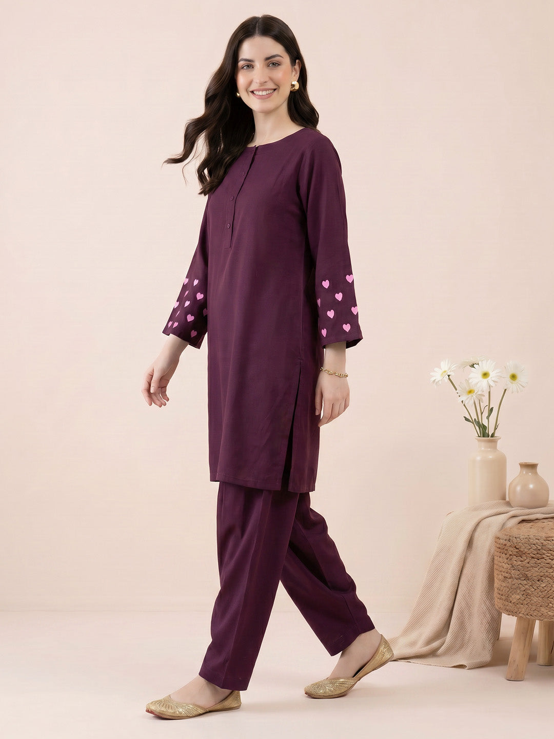 Wine Solid Rayon Farshi Kurta Set