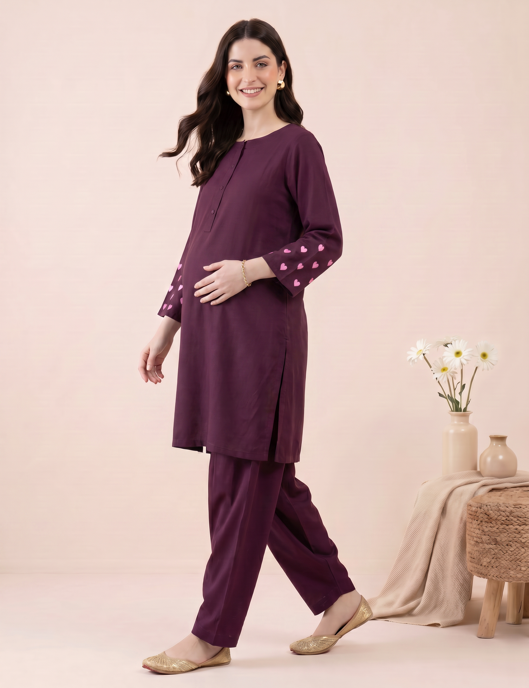Wine Solid Rayon Maternity Farshi Kurta Set