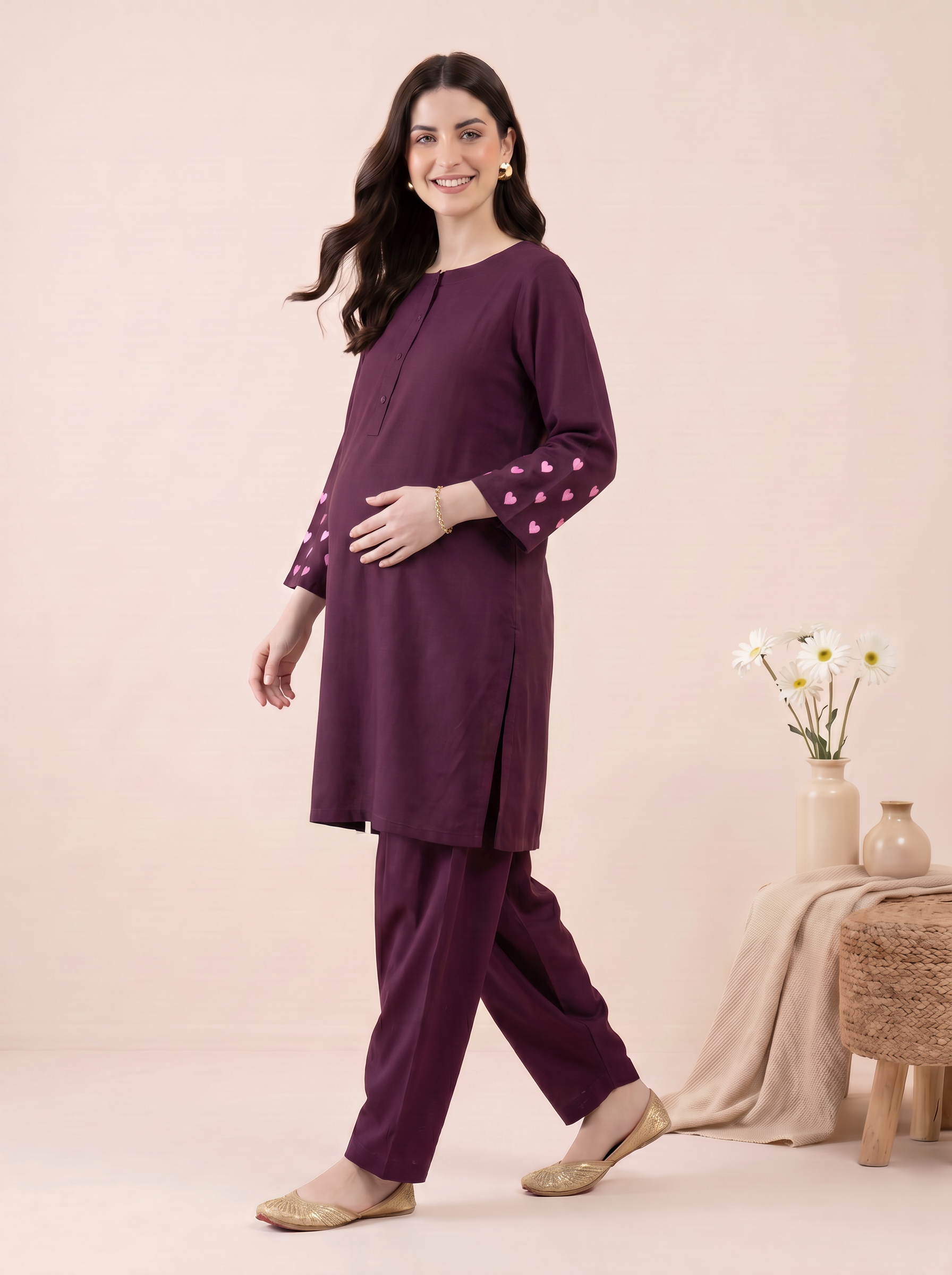 Wine Solid Rayon Maternity Farshi Kurta Set