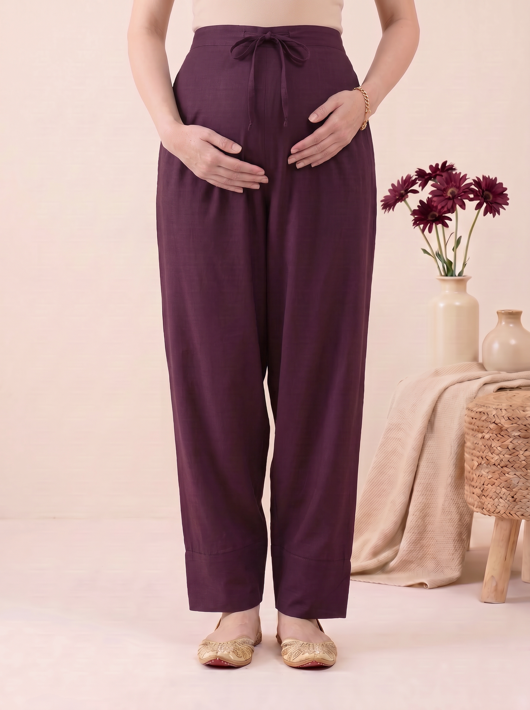 Wine Solid Rayon Maternity Farshi Kurta Set