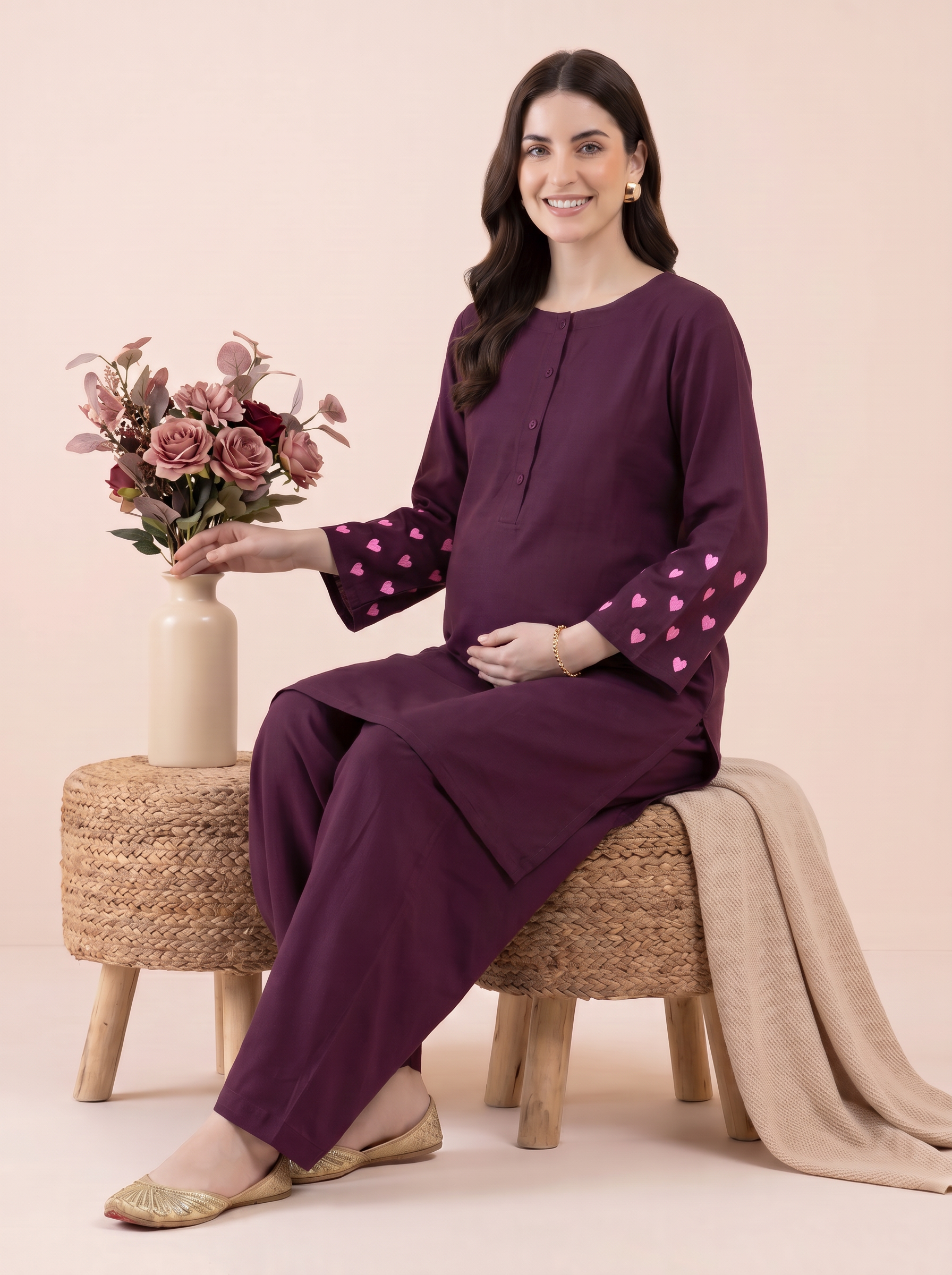 Wine Solid Rayon Maternity Farshi Kurta Set