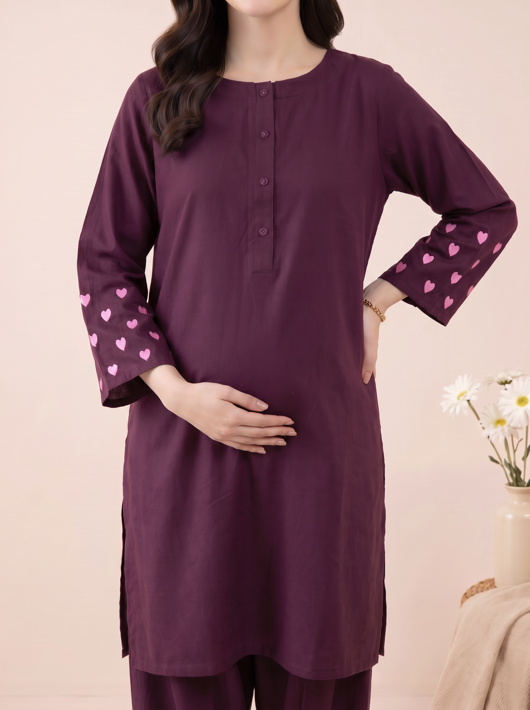 Wine Solid Rayon Maternity Farshi Kurta Set
