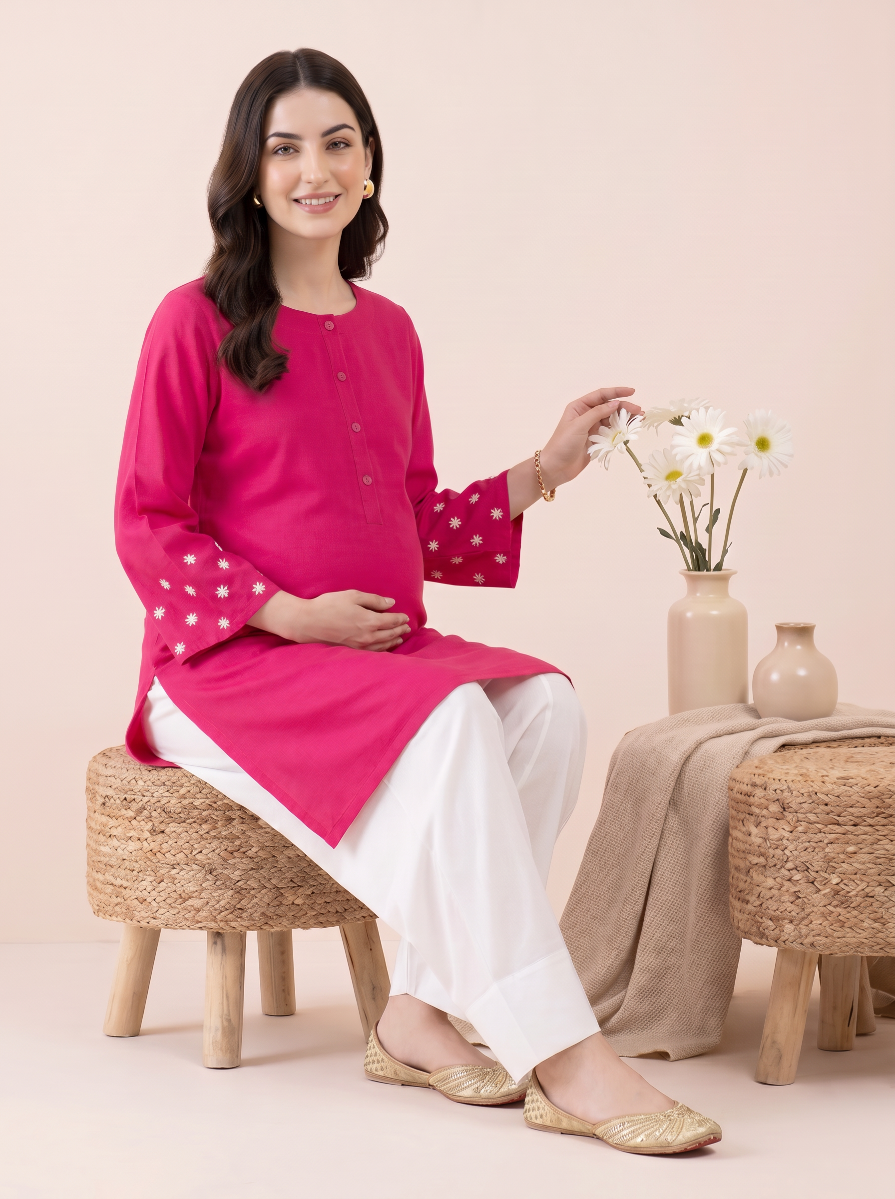 Pink Solid Rayon Maternity Farshi Kurta Set