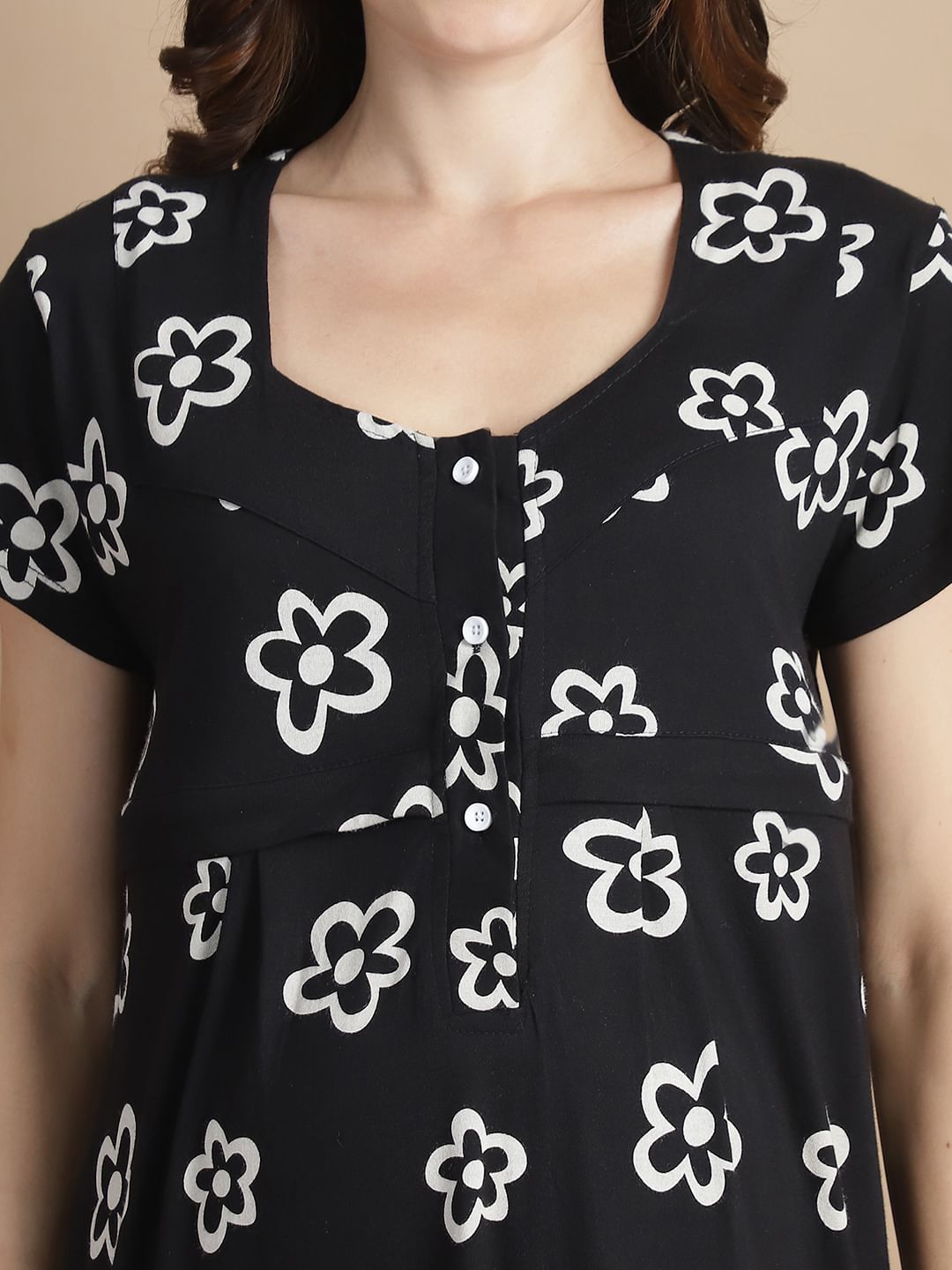 Floral Black Hosiery Maternity Feeding Nighty
