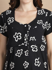 Floral Black Hosiery Maternity Feeding Nighty