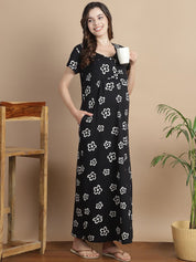Floral Black Hosiery Maternity Feeding Nighty
