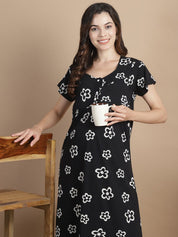 Floral Black Hosiery Maternity Feeding Nighty