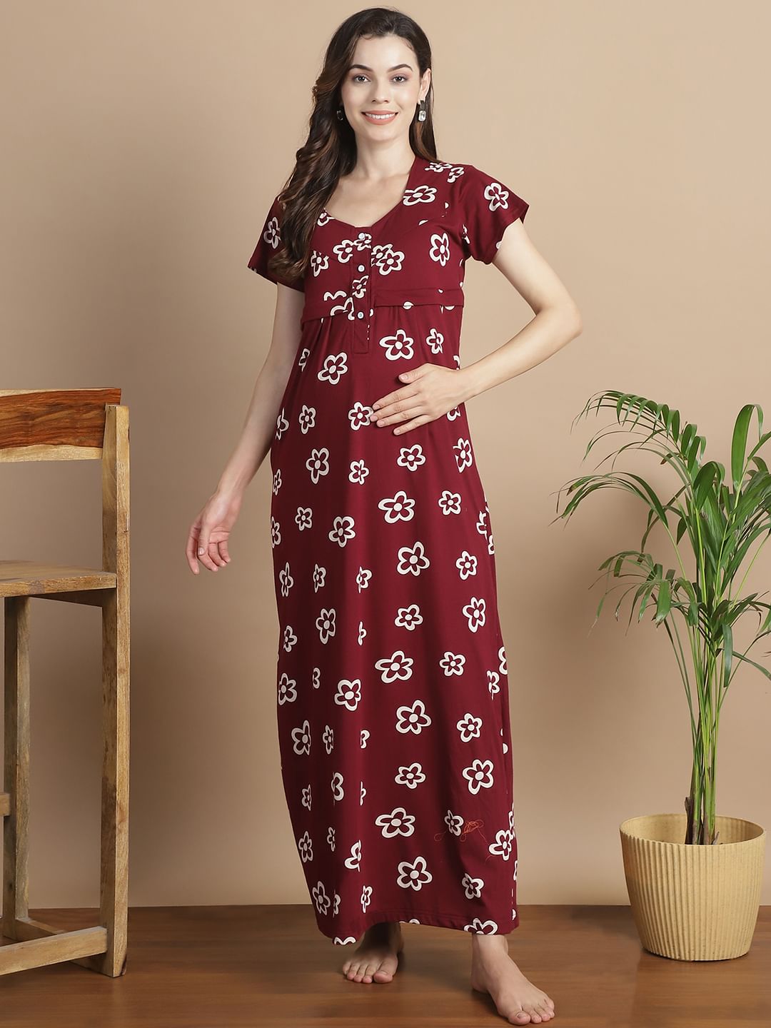 Floral Maroon Hosiery Maternity Feeding Nighty