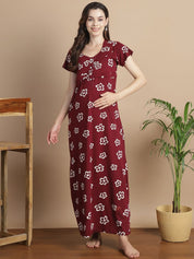 Floral Maroon Hosiery Maternity Feeding Nighty