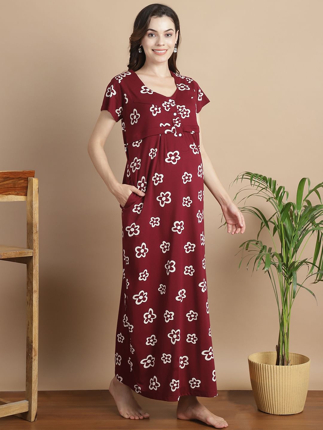 Floral Maroon Hosiery Maternity Feeding Nighty