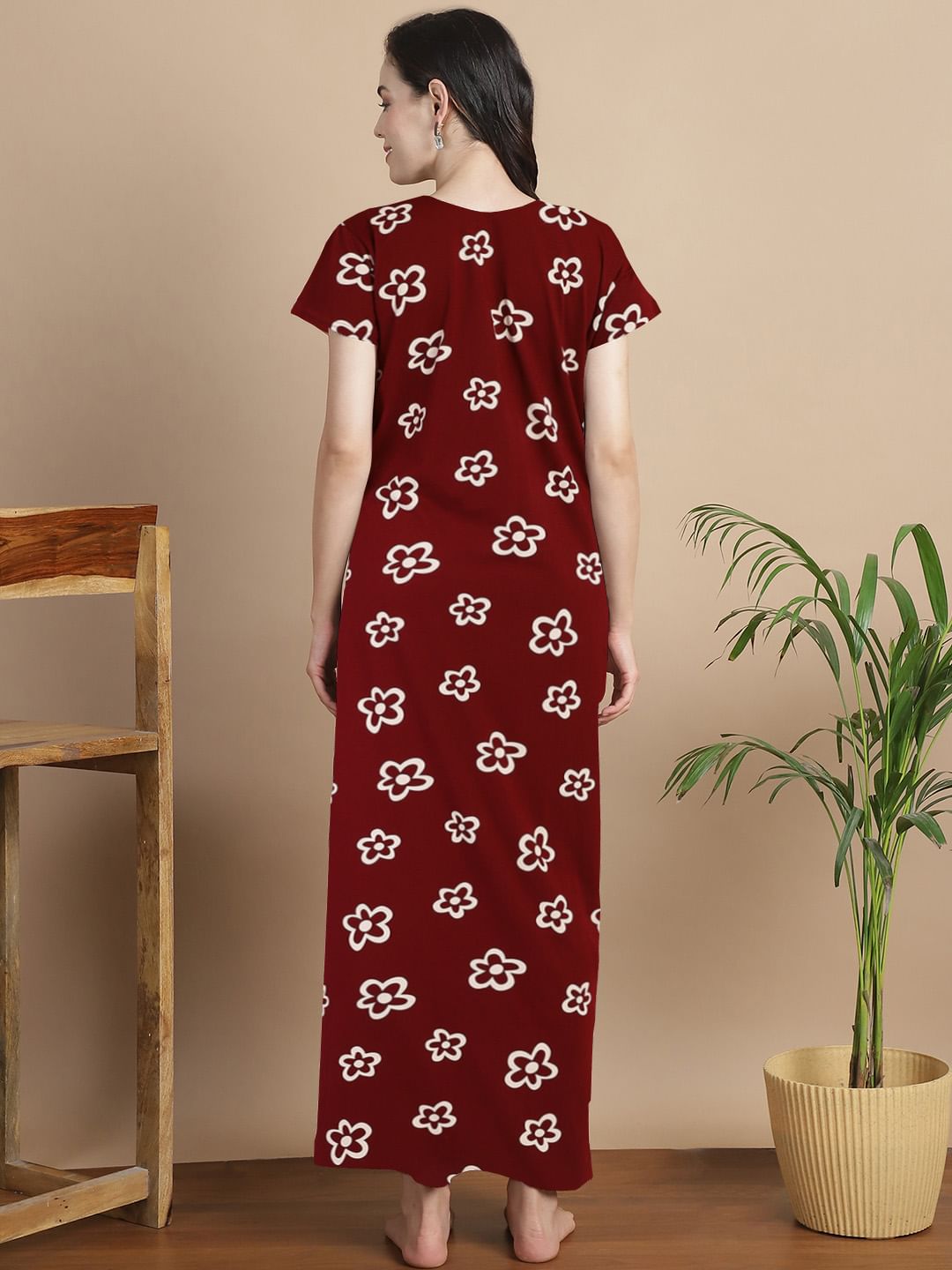 Floral Maroon Hosiery Maternity Feeding Nighty