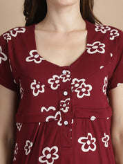 Floral Maroon Hosiery Maternity Feeding Nighty