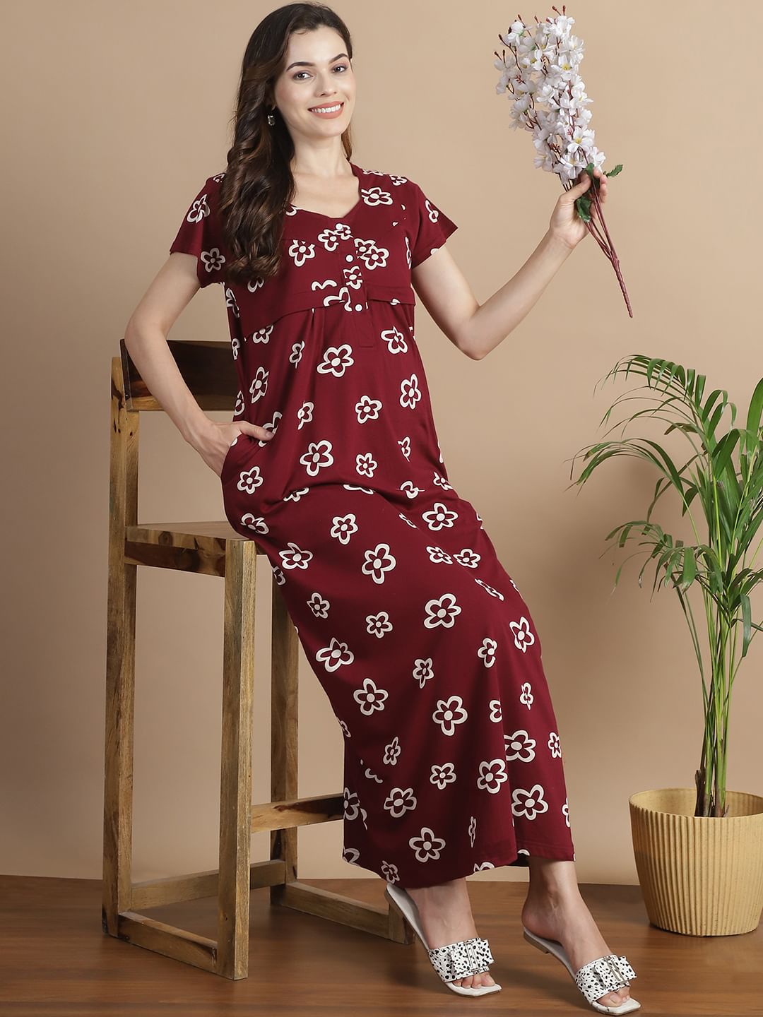 Floral Maroon Hosiery Maternity Feeding Nighty