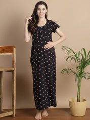 Printed Black Hosiery Maternity Feeding Nighty