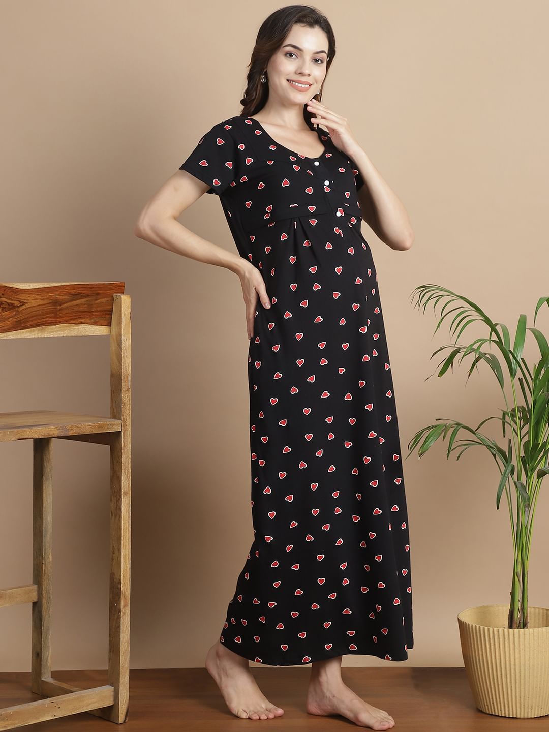 Printed Black Hosiery Maternity Feeding Nighty
