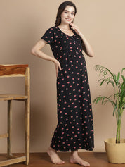 Printed Black Hosiery Maternity Feeding Nighty