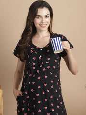 Printed Black Hosiery Maternity Feeding Nighty