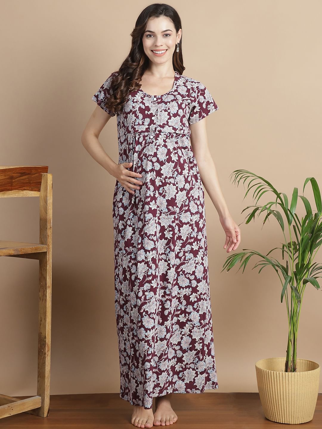 Floral Maroon Hosiery Maternity Feeding Nighty