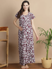 Floral Maroon Hosiery Maternity Feeding Nighty