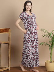 Floral Maroon Hosiery Maternity Feeding Nighty