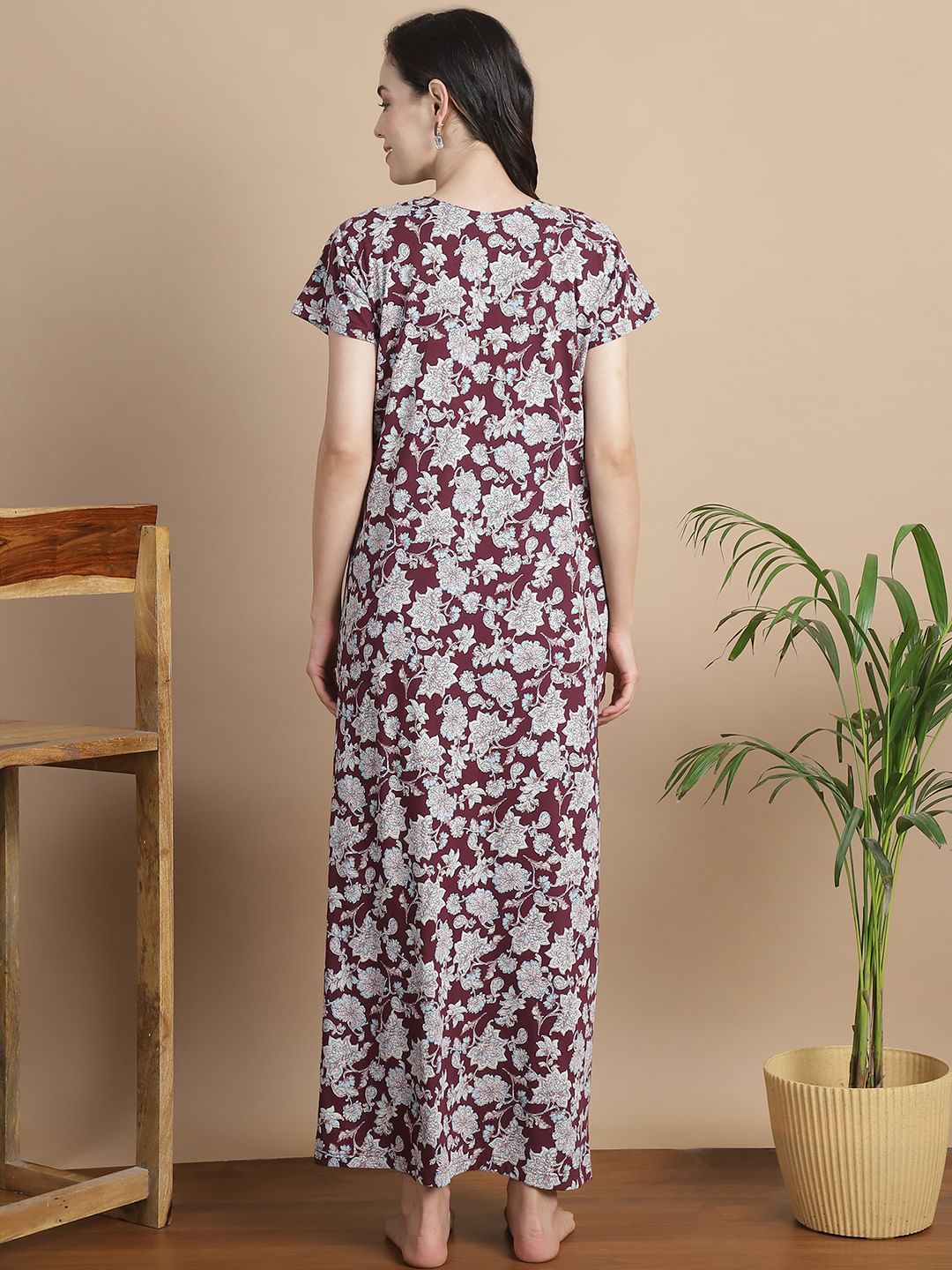 Floral Maroon Hosiery Maternity Feeding Nighty