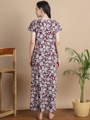 Floral Maroon Hosiery Maternity Feeding Nighty