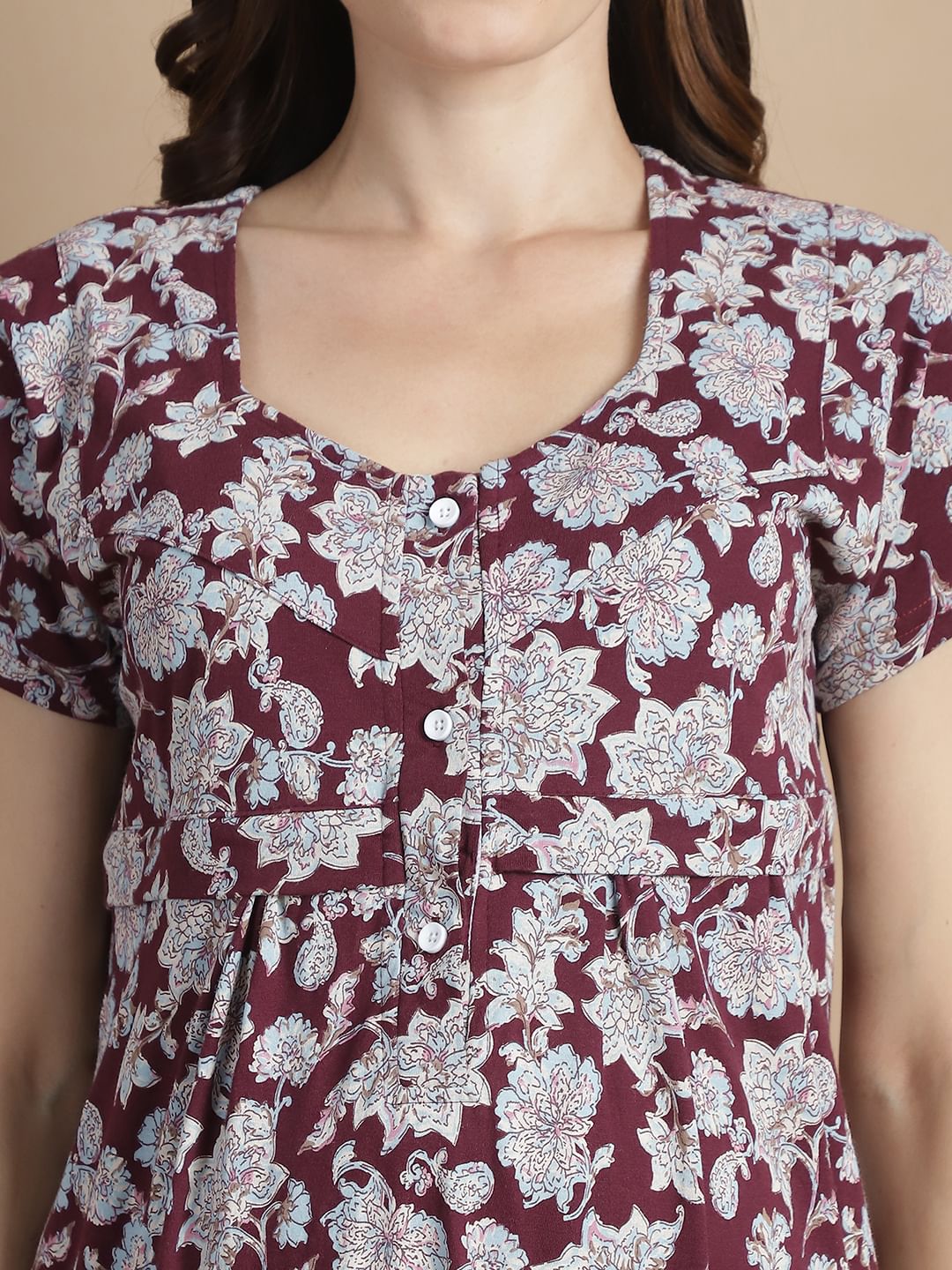 Floral Maroon Hosiery Maternity Feeding Nighty