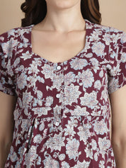 Floral Maroon Hosiery Maternity Feeding Nighty