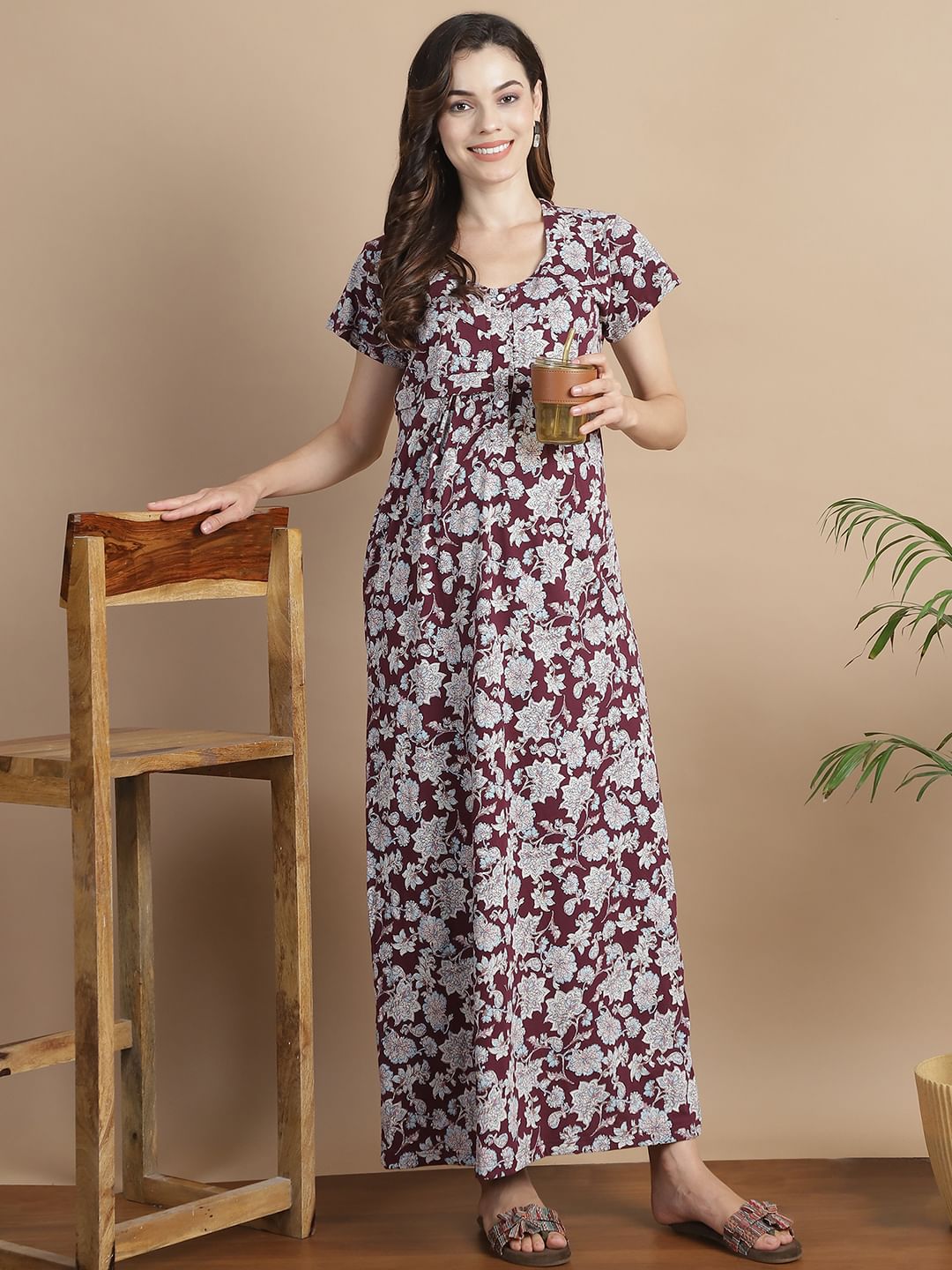 Floral Maroon Hosiery Maternity Feeding Nighty