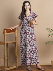 Floral Maroon Hosiery Maternity Feeding Nighty