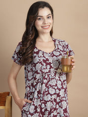 Floral Maroon Hosiery Maternity Feeding Nighty