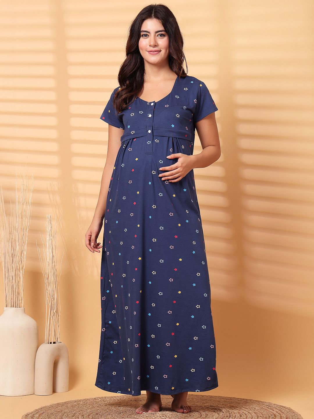 Navy Blue Floral Hosiery Maternity Nighty