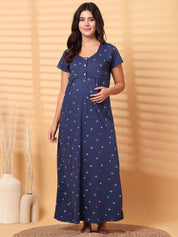 Navy Blue Floral Hosiery Maternity Nighty