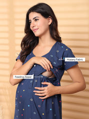 Navy Blue Floral Hosiery Maternity Nighty