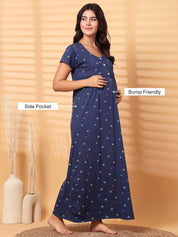 Navy Blue Floral Hosiery Maternity Nighty