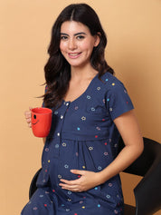 Navy Blue Floral Hosiery Maternity Nighty