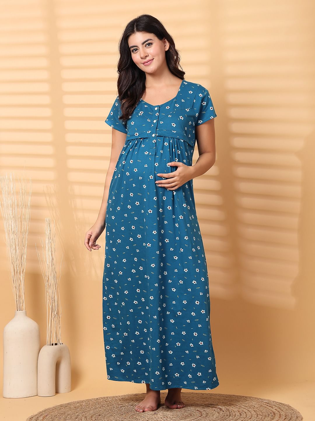 Blue Floral Hosiery Maternity Nighty